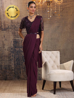 Libas - Burgundy Pre Draped Saree with Stitched Blouse & Waist Belt (M)