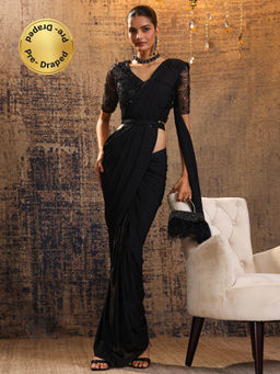 Libas - Black Pre Draped Saree with Stitched Blouse & Waist Belt (M)