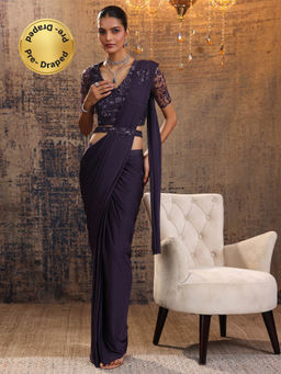 Libas - Purple Embellished Pre Draped Saree with Stitched Blouse & Waist Belt (M)