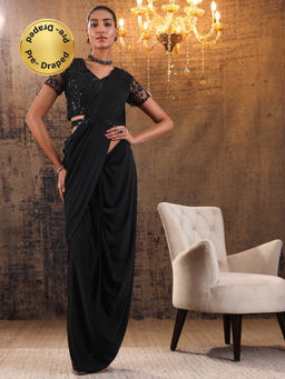 Libas - Black Pre Draped Saree with Embellished Stitched Blouse & Waist Belt (M)