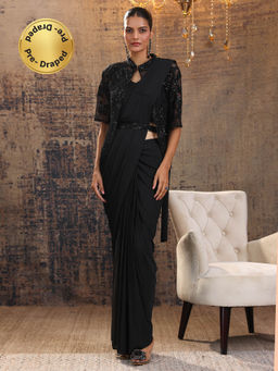 Libas - Black Pre Draped Saree with Stitched Blouse Shrug & Waist Belt (M)