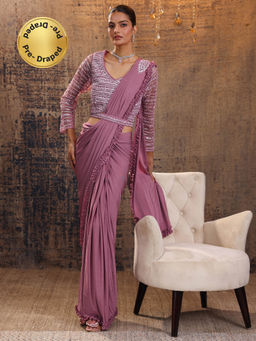 Libas Art - Peach Ruffled Pre Draped Saree with Stitched Blouse & Waist Belt (M)
