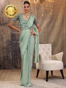 Libas - Green Pre Draped Saree with Stitched Blouse & Waist Belt (M)