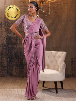 Libas - Mauve Pre Draped Saree with Stitched Blouse & Waist Belt (M)