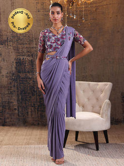 Libas - Lavender Pre Draped Saree with Stitched Blouse & Waist Belt (M)