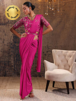 Libas - Pink Pre Draped Saree with Stitched Blouse & Waist Belt (M)