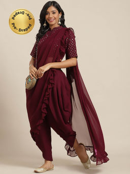 Libas - Purple Pre-Draped Solid Frill Saree with Sequence Stitched Blouse