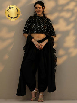 Gerua By Libas - Black Pre-Draped Solid Frill Saree with Sequence Stitched Blouse
