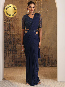 Libas Art - Navy Blue Embellished Draped Saree with Stitched Blouse & Waistbelt