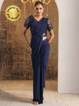Libas Art - Navy Blue Embellished Draped Saree with Stitched Blouse & Waistbelt
