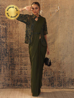 Libas - Olive Solid Draped Saree with Stitched Blouse & Waistbelt and Shrug
