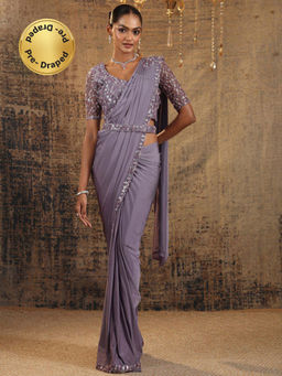 Libas - Lavender Solid Draped Saree with Stitched Blouse & Waistbelt