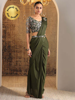 Libas - Green Solid Draped Saree with Stitched Blouse & Waistbelt