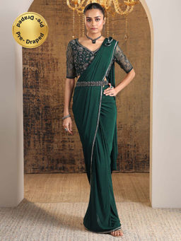 Libas - Green Solid Draped Saree with Stitched Blouse & Waistbelt