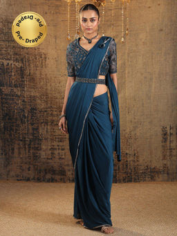 Libas Art - Navy Blue Solid Draped Saree with Stitched Blouse & Waistbelt