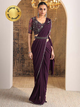 Libas - Purple Solid Draped Saree with Stitched Blouse & Waistbelt
