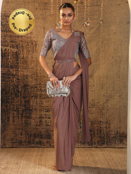 Libas Art - Beige Solid Draped Saree with Stitched Blouse & Waistbelt