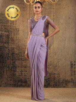 Libas Art - Lavender Solid Draped Saree with Stitched Blouse & Waistbelt