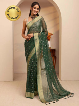 Libas - Green Floral Motif All Over Printed Predraped Saree Unstitch Blouse Piece