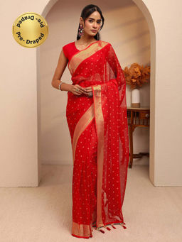 Libas - Red Floral Motif All Over Printed Predraped Saree Unstitch Blouse Piece