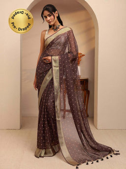 Libas - Brown Floral Motif All Over Printed Predraped Saree Unstitch Blouse Piece