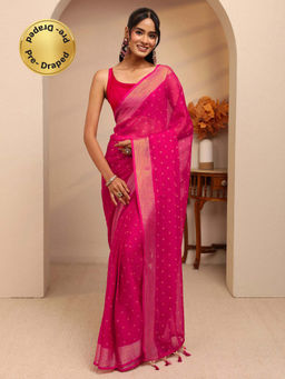 Libas - Pink Floral Motif All Over Printed Predraped Saree Unstitch Blouse Piece