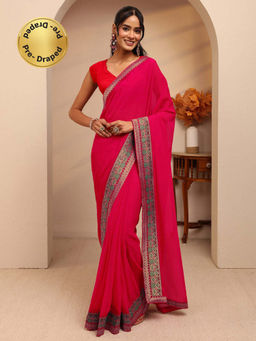 Libas - Pink Pre Draped Taping Border Predraped Saree Unstitch Blouse Piece