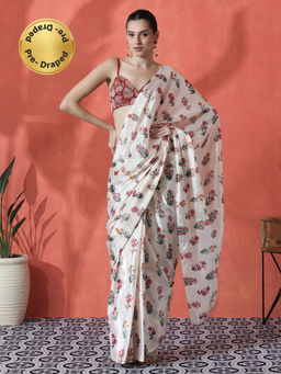 Lush Glam - Off White Ready To Wear Floral Printed Chinon Saree with Unstitched Blouse