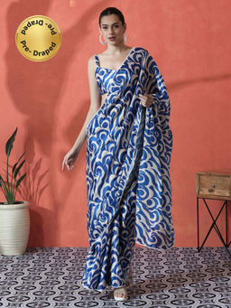 Lush Glam - Blue Ready To Wear Printed Lace Work Chinon Saree with Unstitched Blouse