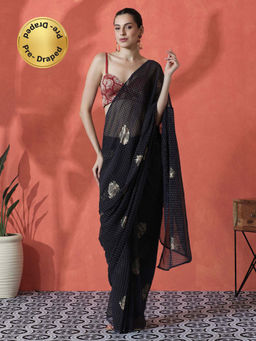 Lush Glam - Navy Blue Ready To Wear Floral Printed Georgette Saree with Unstitched Blouse