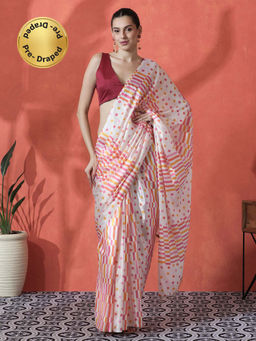 Lush Glam - Multi-Color Ready To Wear Printed Tassels Chinon Saree with Unstitched Blouse