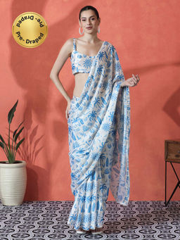 Lush Glam - Blue Ready To Wear Printed Lace Work Chinon Saree with Unstitched Blouse