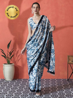 Lush Glam - Blue Ready To Wear Floral Printed Chinon Saree with Unstitched Blouse