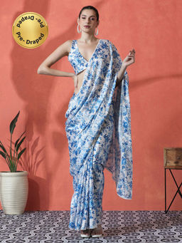 Lush Glam - Blue Chinon Ready To Wear Floral Printed Saree with Unstitched Blouse