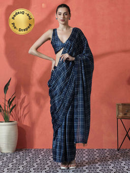 Lush Glam - Navy Blue Ready To Wear Checks Printed Chinon Saree with Unstitched Blouse