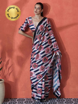 Lush Glam - Multi-Color Ready To Wear Floral Printed Chinon Saree with Unstitched Blouse