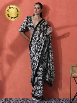 Lush Glam - Black and White Ready To Wear Printed Tassel Chinon Saree with Unstitched Blouse