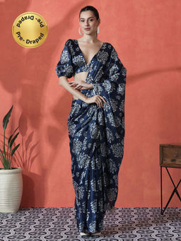 Lush Glam - Navy Blue Ready To Wear Floral Printed Chinon Saree with Unstitched Blouse