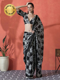 Lush Glam - Black Ready To Wear Floral Printed Chinon Saree with Unstitched Blouse