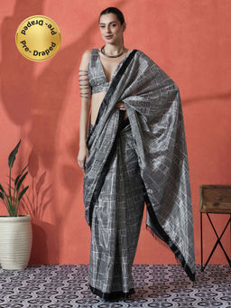 Lush Glam - Black Ready To Wear Printed Tassel Chinon Saree with Unstitched Blouse