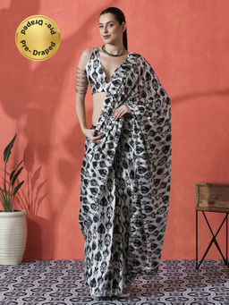 Lush Glam - Black and White Ready To Wear Printed Tassel Chinon Saree with Unstitched Blouse