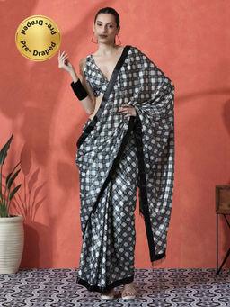 Lush Glam - Grey and Black Ready To Wear Floral Printed Chinon Saree with Unstitched Blouse