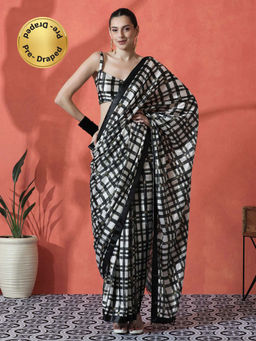 Lush Glam - Black and White Ready To Wear Checks Printed Chinon Saree with Unstitched Blouse