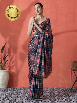 Lush Glam - Multi-Color Ready To Wear Checks Printed Chinon Saree with Unstitched Blouse
