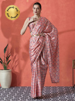 Lush Glam - Orange Ready To Wear Checks Printed Chinon Saree with Unstitched Blouse