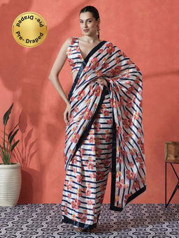 Lush Glam - Multi-Color Ready To Wear Floral Printed Chinon Saree with Unstitched Blouse