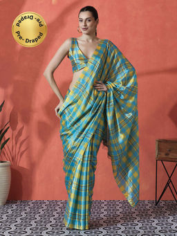 Lush Glam - Blue and Yellow Ready To Wear Checks Printed Chinon Saree with Unstitched Blouse