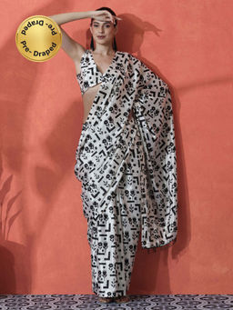 Lush Glam - White and Black Ready To Wear Floral Printed Chinon Saree with Unstitched Blouse