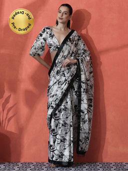 Lush Glam - White and Black Ready To Wear Printed Tassel Chinon Saree with Unstitched Blouse
