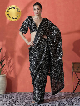 Lush Glam - Black Ready To Wear Printed Lace Work Chinon Saree with Unstitched Blouse